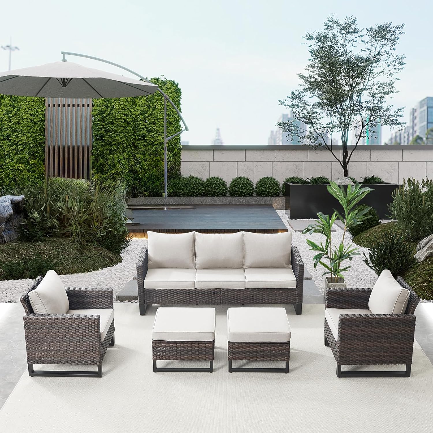 Patio Furniture 5 Piece Outdoor Sofa Set, Oversize Outdoor Dining Chairs with Rattan Ottomans, Conversation Sets Patio Furniture Come with Removable Washable