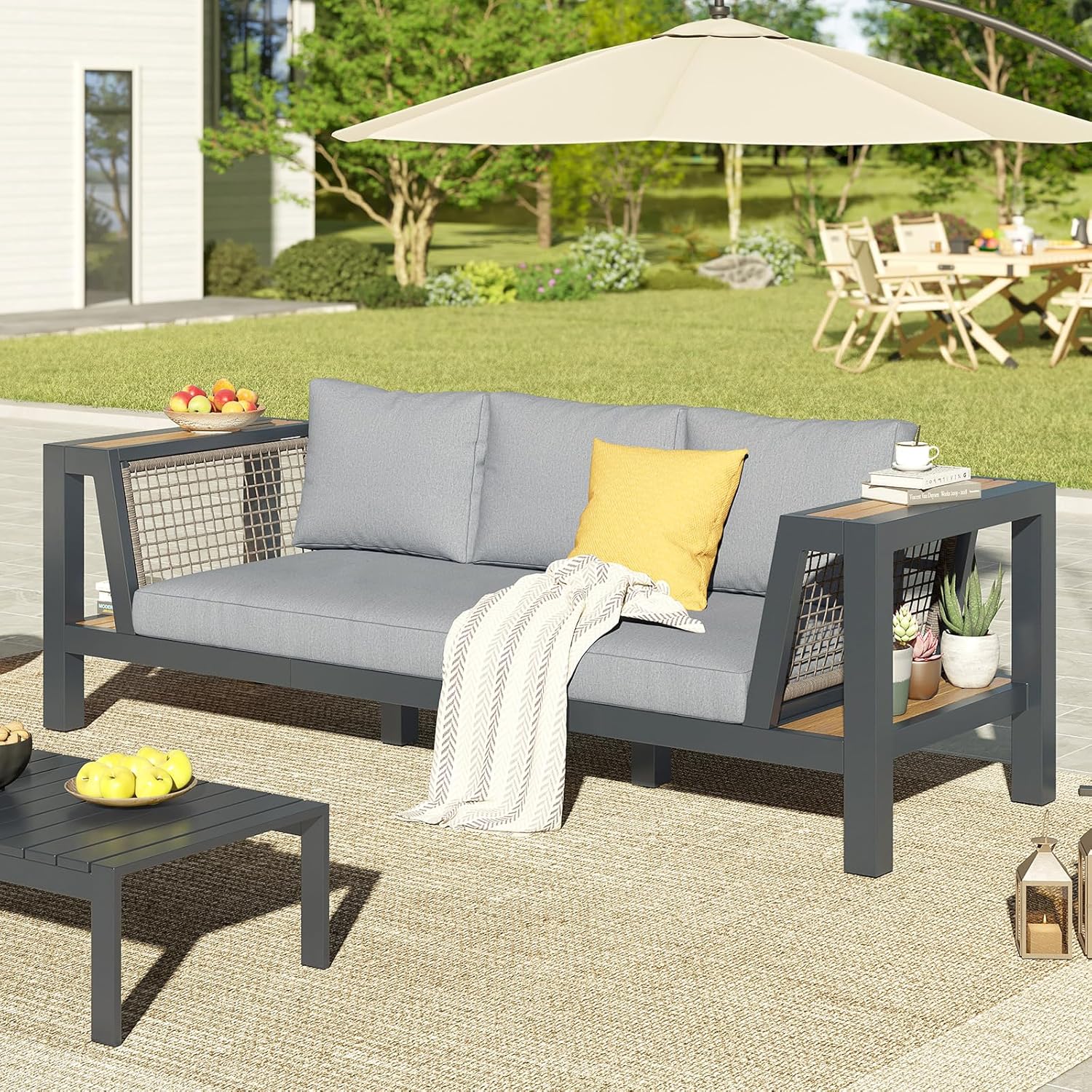 Outdoor Aluminum Patio Sofa, Modern 3-Seater Tool-Free Assembly Couch with Side Table Armrest, Deep Seating with Thick Cushions, Weatherproof Backyard Furniture for Porch, Balcony, Deck