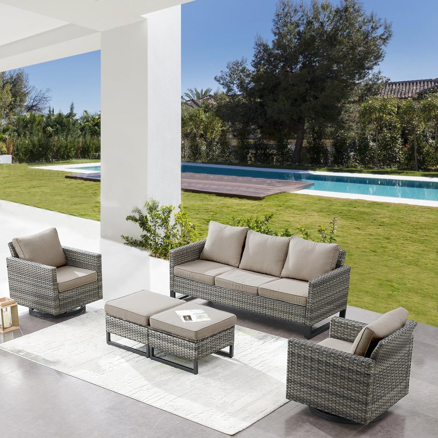Patio Furniture 5 Piece Outdoor Sofa Set, Oversize Outdoor Dining Chairs with Rattan Ottomans, Conversation Sets Patio Furniture Come with Removable Washable