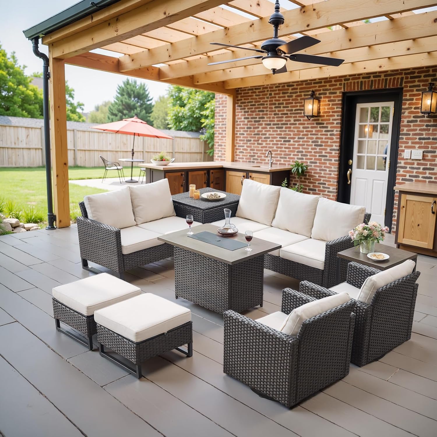 Patio Furniture 5 Piece Outdoor Sofa Set, Oversize Outdoor Dining Chairs with Rattan Ottomans, Conversation Sets Patio Furniture Come with Removable Washable