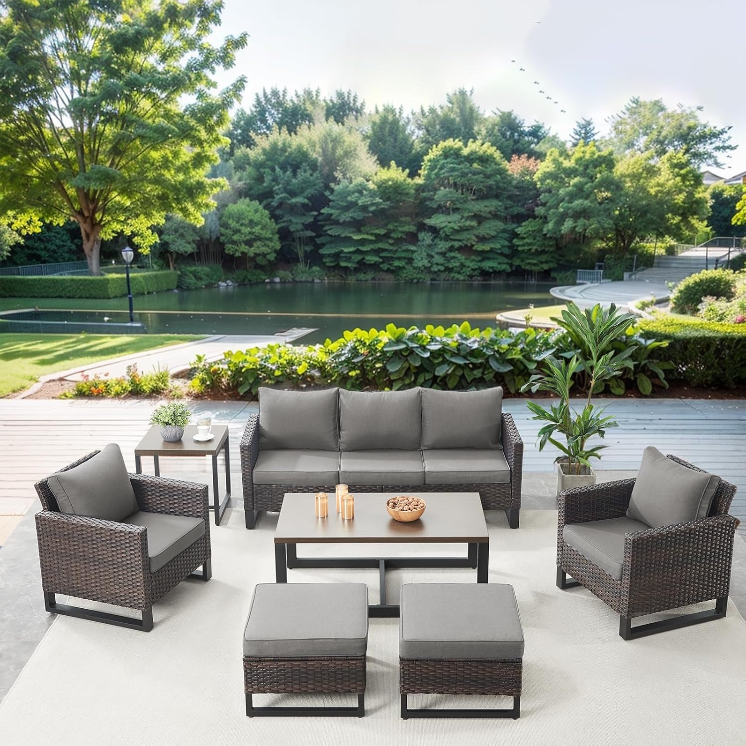 Patio Furniture 5 Piece Outdoor Sofa Set, Oversize Outdoor Dining Chairs with Rattan Ottomans, Conversation Sets Patio Furniture Come with Removable Washable