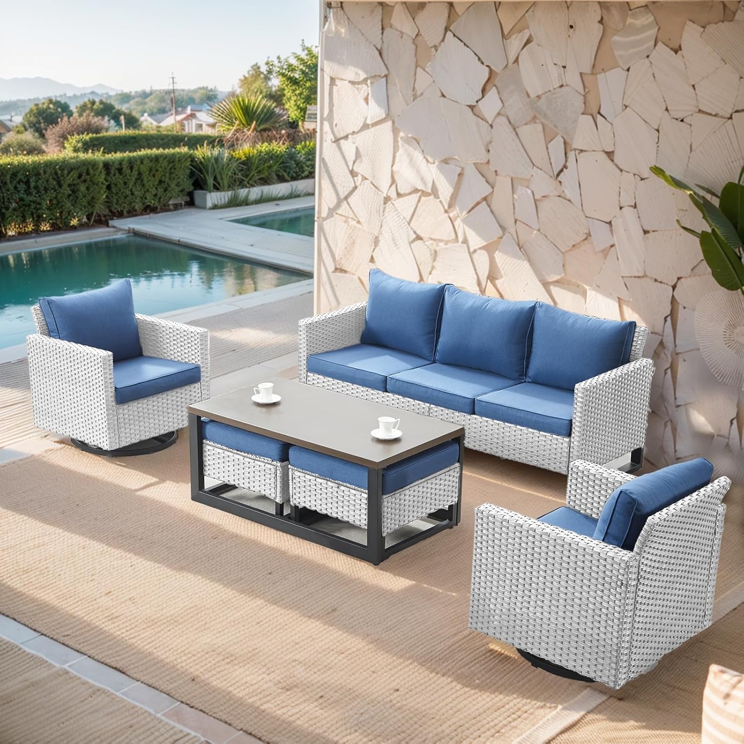 Patio Furniture 5 Piece Outdoor Sofa Set, Oversize Outdoor Dining Chairs with Rattan Ottomans, Conversation Sets Patio Furniture Come with Removable Washable