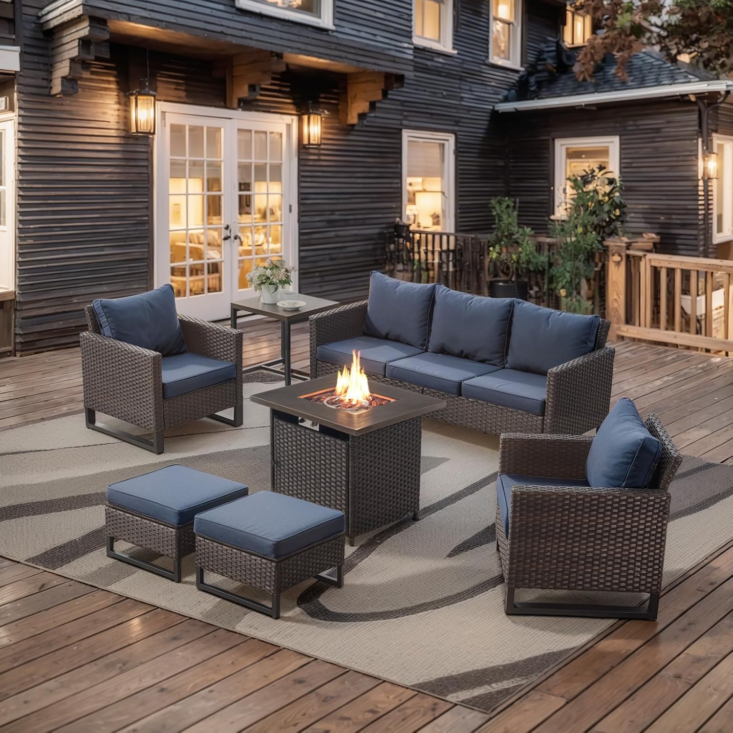 Patio Furniture 5 Piece Outdoor Sofa Set, Oversize Outdoor Dining Chairs with Rattan Ottomans, Conversation Sets Patio Furniture Come with Removable Washable