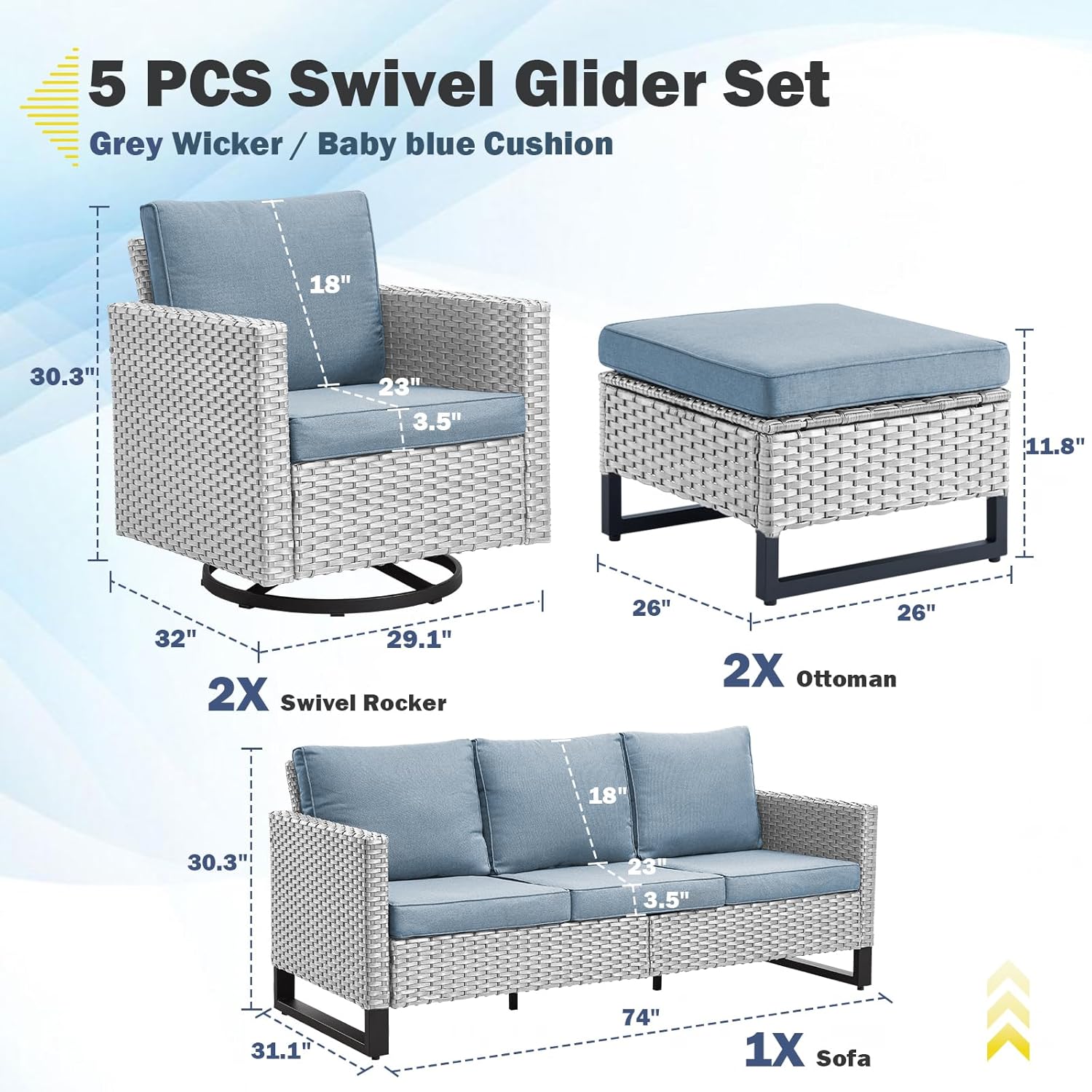 Patio Furniture 5 Piece Outdoor Sofa Set, Oversize Outdoor Dining Chairs with Rattan Ottomans, Conversation Sets Patio Furniture Come with Removable Washable