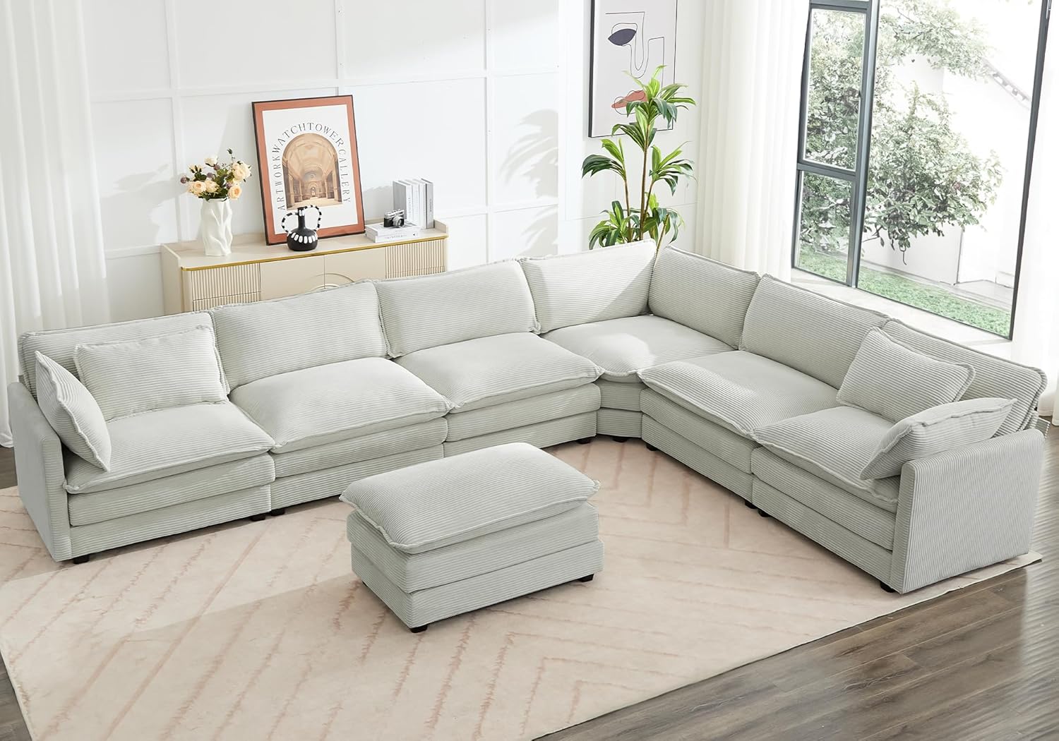Oversized Modular Sectional Sofa with Movable Ottoman, 112 Inch 4 Seat Modern Corduroy Sofa Set, Convertible L Shaped Couch for Living Room and Office, Beige