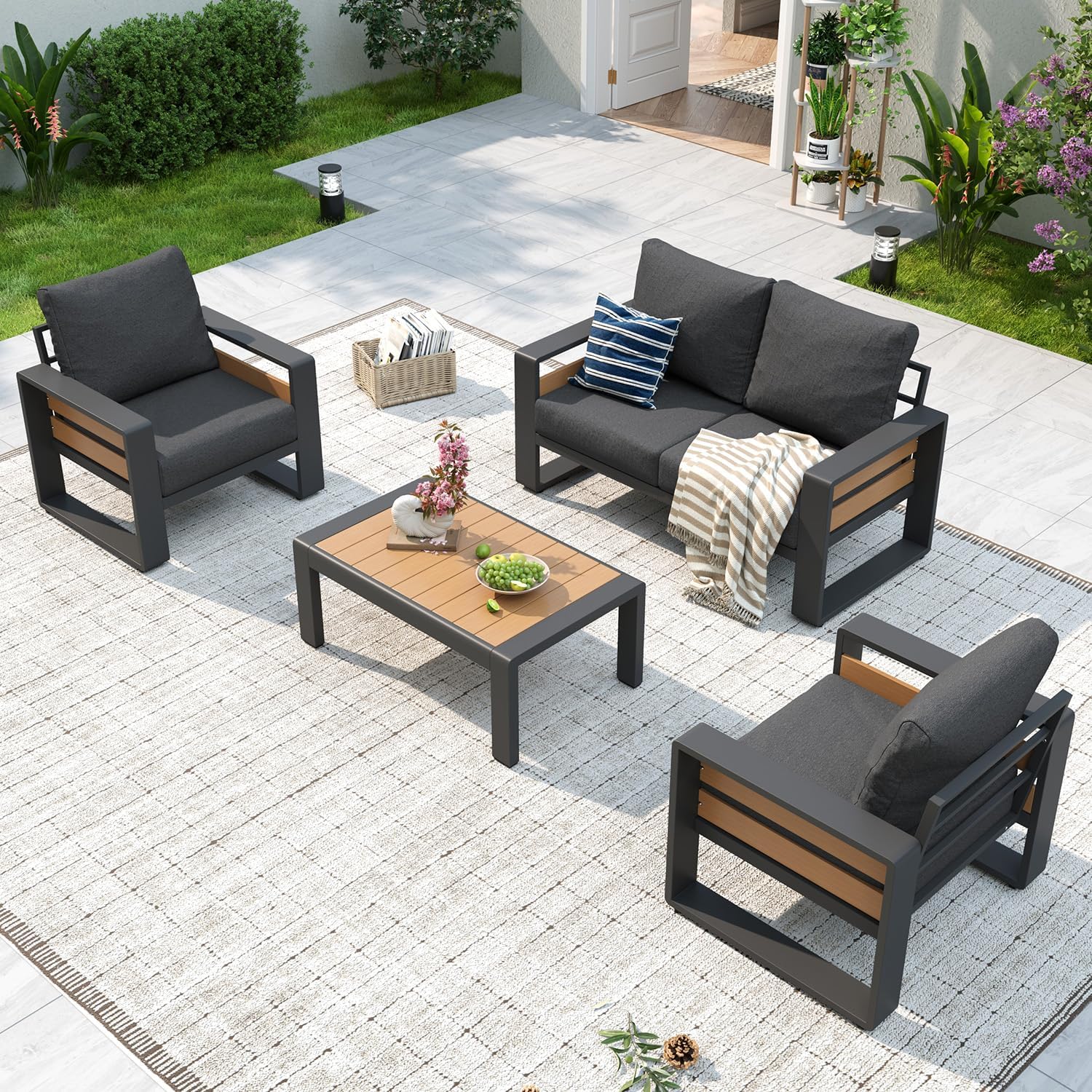 Aluminum Patio Furniture Set, 5 Seats Luxury Outdoor Sectional with 6" Olefin Fabric Cushions, Patio Conversation Sets with Coffee Table Outdoor Sofas for Backyard, Deck, Dark Grey