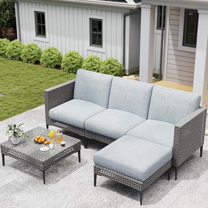 5 Pieces Outdoor Patio Conversation Set – Rattan L-Shaped Corner Sofa Comfortable Thickening Cushions for Garden, Balcony,Weatherproof Waterproof UV Resistance