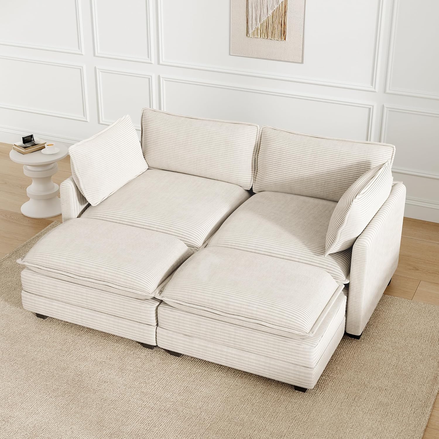 Oversized Modular Sectional Sofa with Movable Ottoman, 112 Inch 4 Seat Modern Corduroy Sofa Set, Convertible L Shaped Couch for Living Room and Office, Beige