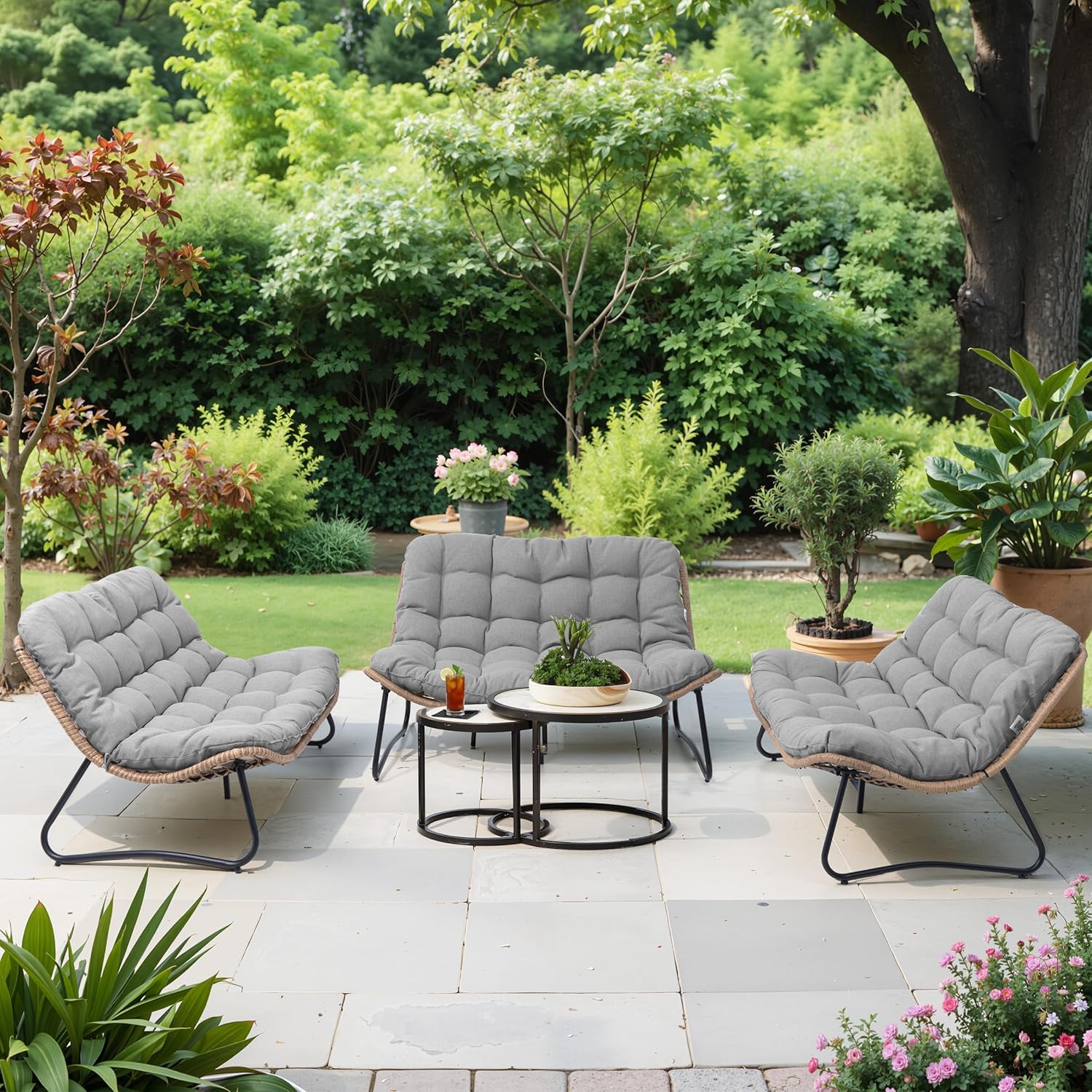 Outdoor Loveseat, 2 Seater Outdoor Couch with Soft Cushion, All-Weather Boho Rattan Patio Furniture for Balcony, Poolside, Backyard, Porch (Beige)