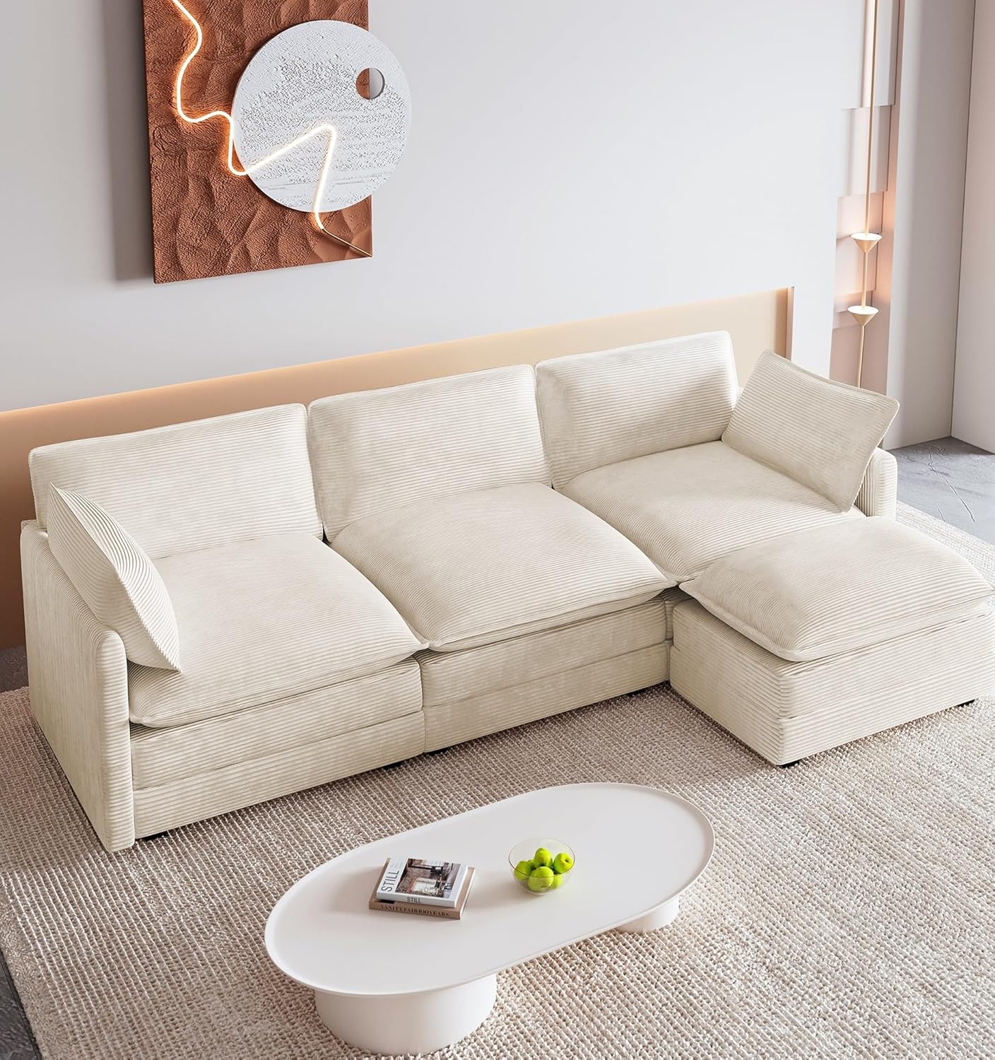 Oversized Modular Sectional Sofa with Movable Ottoman, 112 Inch 4 Seat Modern Corduroy Sofa Set, Convertible L Shaped Couch for Living Room and Office, Beige
