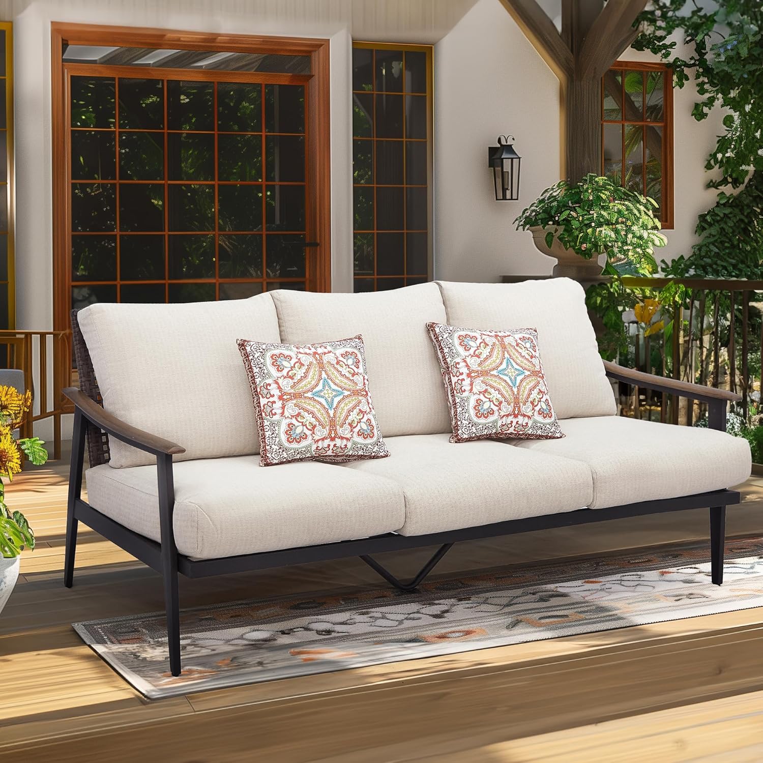 Patio Sofa Outdoor Furniture Metal Chair with Wicker Backrest & 6 Inches Cushion for Indoor, Front Porch, Deck, Balcony, Backyard, Sunroom, 73.35"(L) x 29.75"(W) x 33.86"(H).