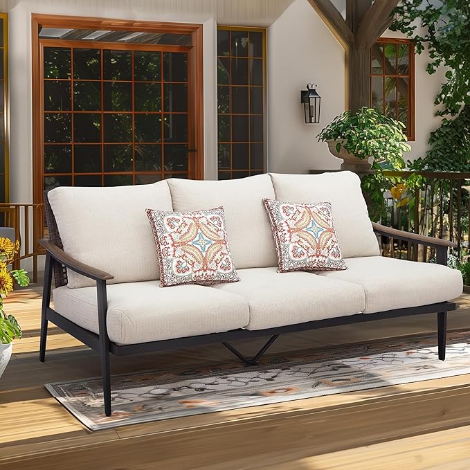 Patio Sofa Outdoor Furniture Metal Chair with Wicker Backrest & 6 Inches Cushion for Indoor, Front Porch, Deck, Balcony, Backyard, Sunroom, 73.35"(L) x 29.75"(W) x 33.86"(H).