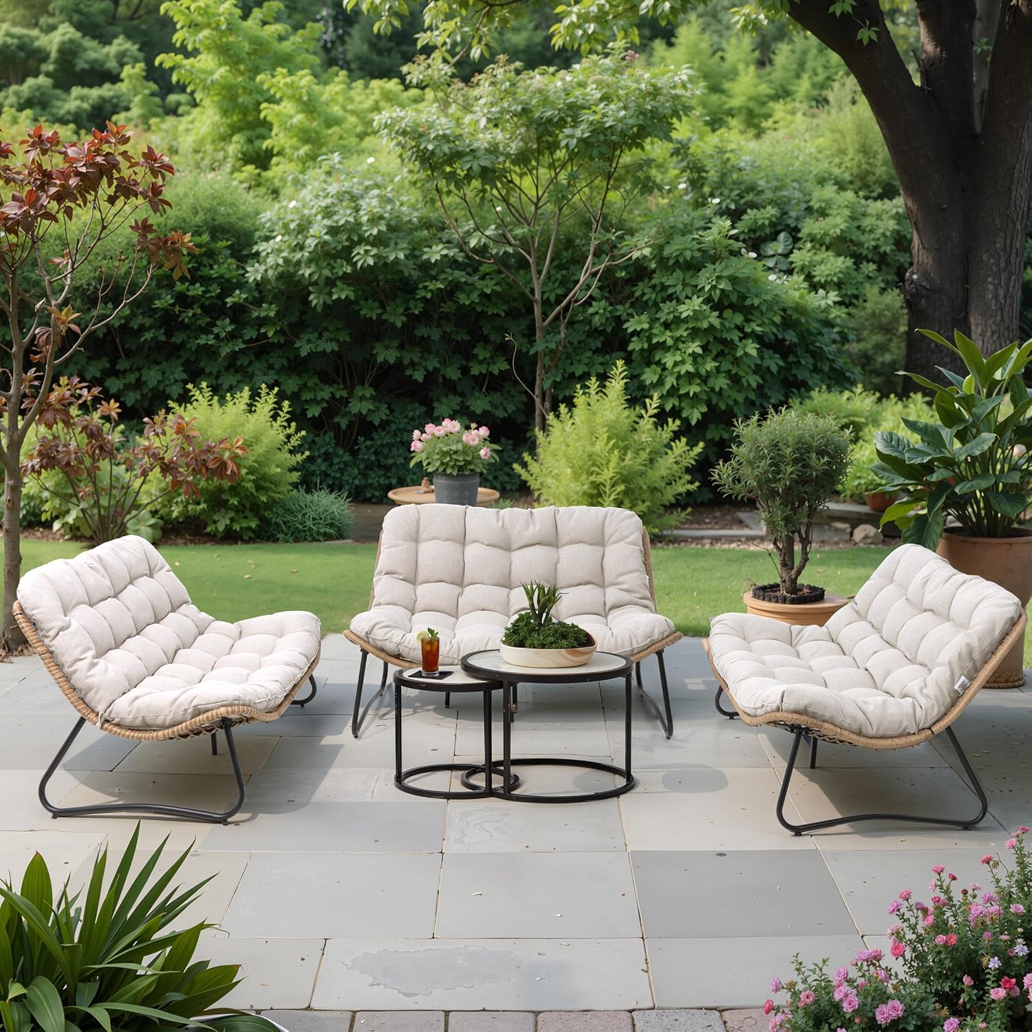 Outdoor Loveseat, 2 Seater Outdoor Couch with Soft Cushion, All-Weather Boho Rattan Patio Furniture for Balcony, Poolside, Backyard, Porch (Beige)