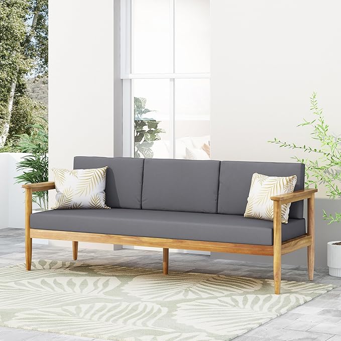 Home Gaviaz Acacia Wood Outdoor 3 Seater Sofa, 76'' Modern Patio Couch with Water-Resistant Cushions and Open Slat Design for Garden Poolside Deck, Dark Gray