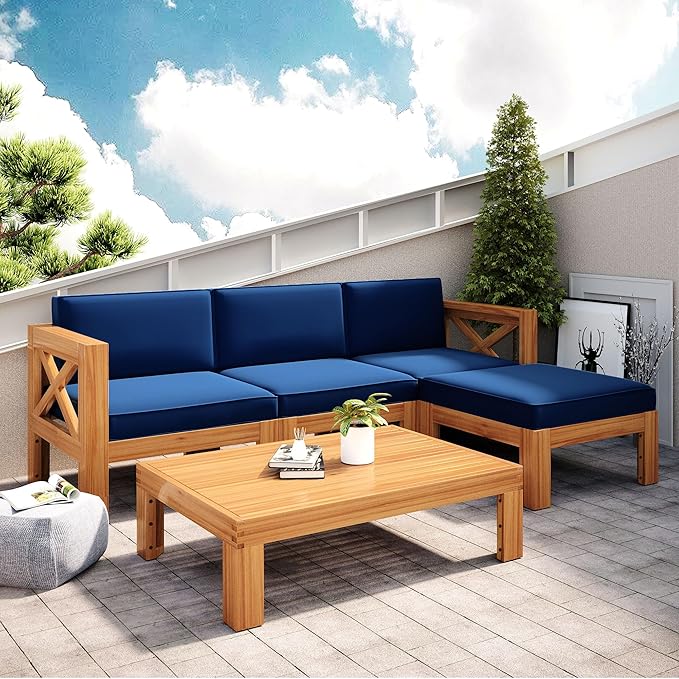 Patio Furniture Sets 5 Pieces, Solid Wood Sectional Sofa Seating Group with Soft Cushions, for Backyard and Garden, Blue