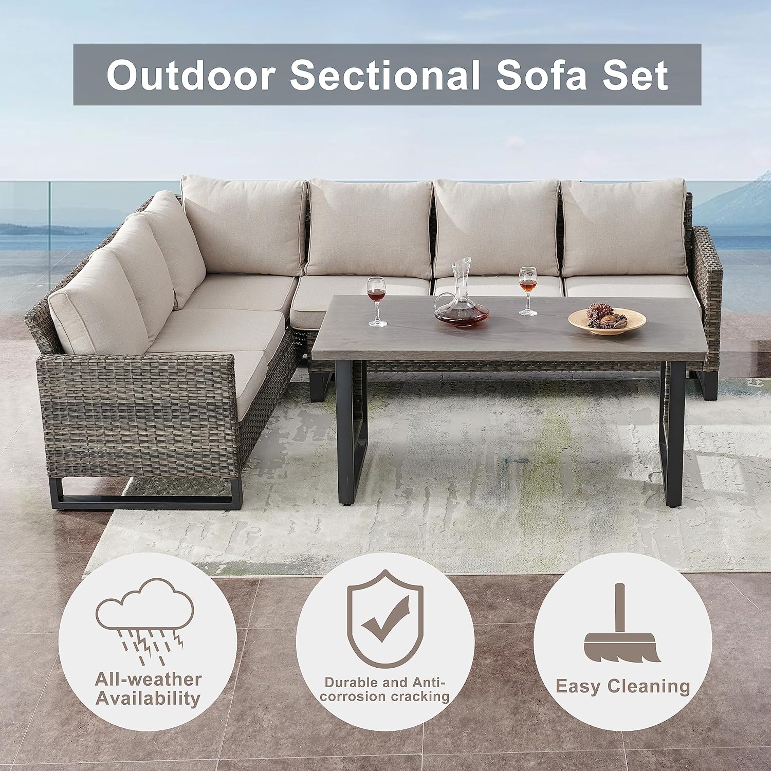 Patio Furniture 5 Piece Outdoor Sofa Set, Oversize Outdoor Dining Chairs with Rattan Ottomans, Conversation Sets Patio Furniture Come with Removable Washable