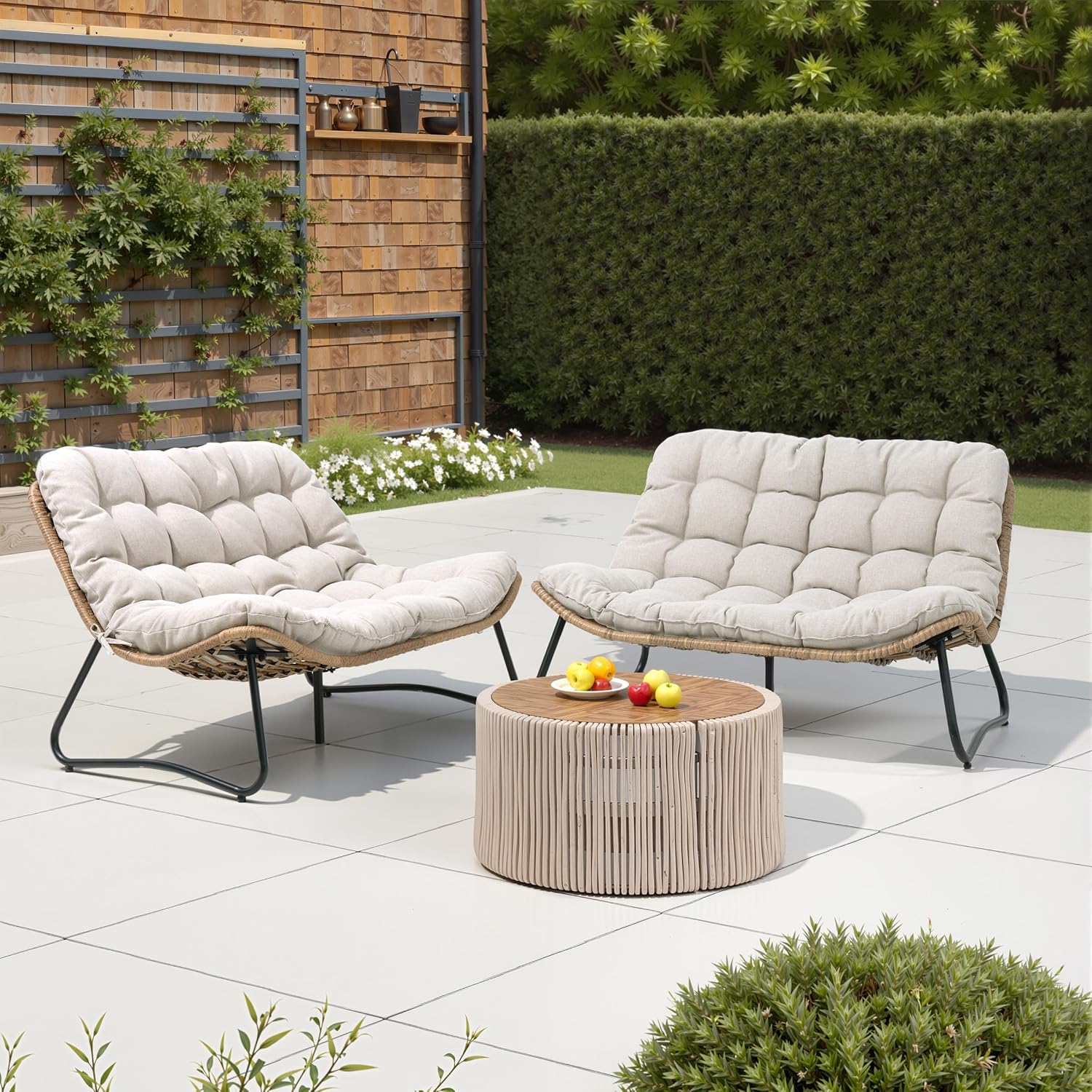 Outdoor Loveseat, 2 Seater Outdoor Couch with Soft Cushion, All-Weather Boho Rattan Patio Furniture for Balcony, Poolside, Backyard, Porch (Beige)