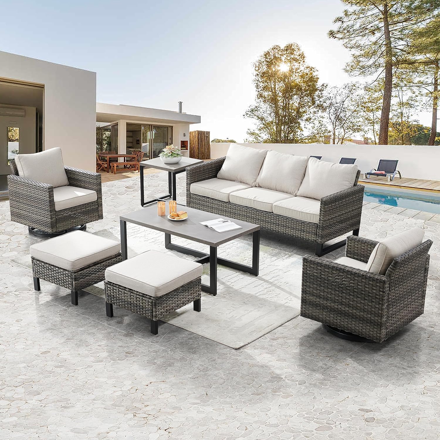 Patio Furniture 5 Piece Outdoor Sofa Set, Oversize Outdoor Dining Chairs with Rattan Ottomans, Conversation Sets Patio Furniture Come with Removable Washable