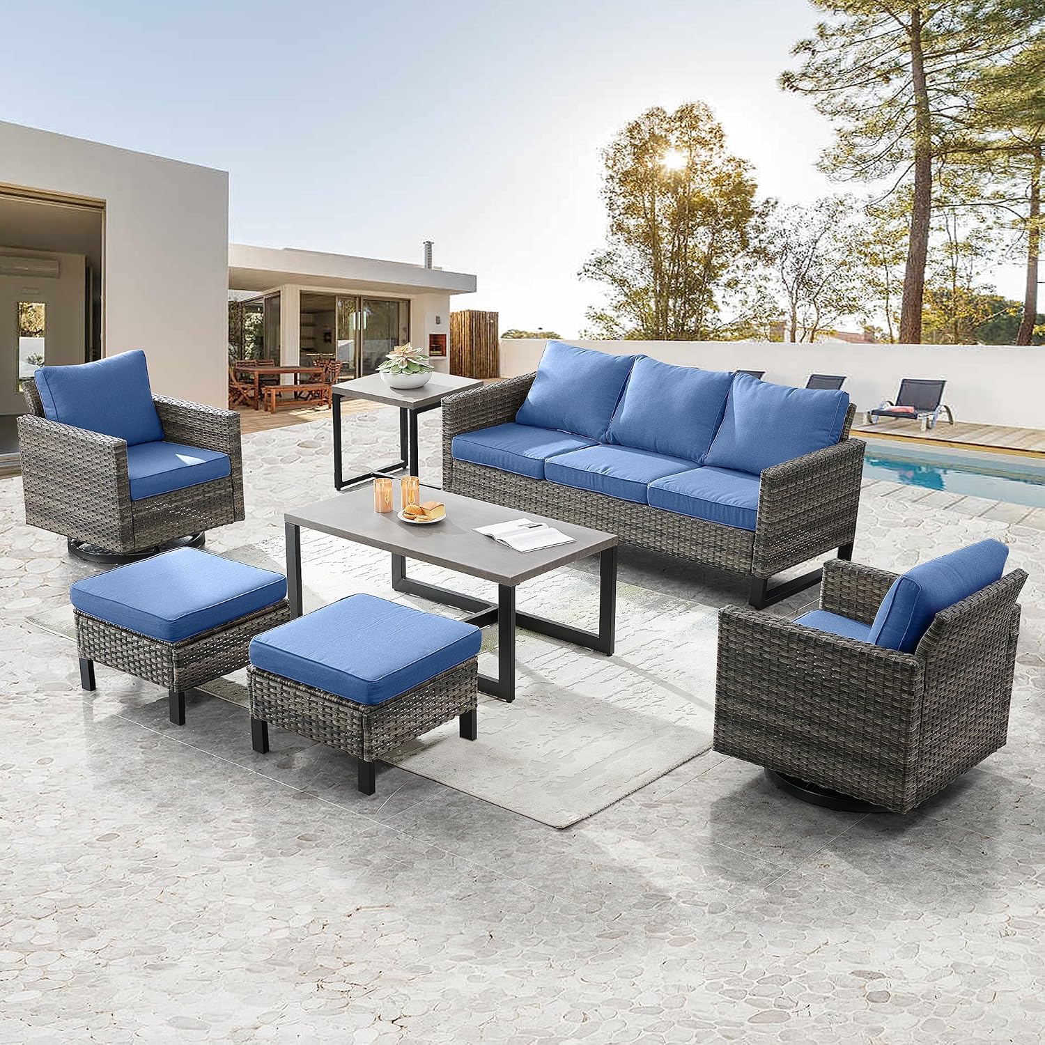 Patio Furniture 5 Piece Outdoor Sofa Set, Oversize Outdoor Dining Chairs with Rattan Ottomans, Conversation Sets Patio Furniture Come with Removable Washable