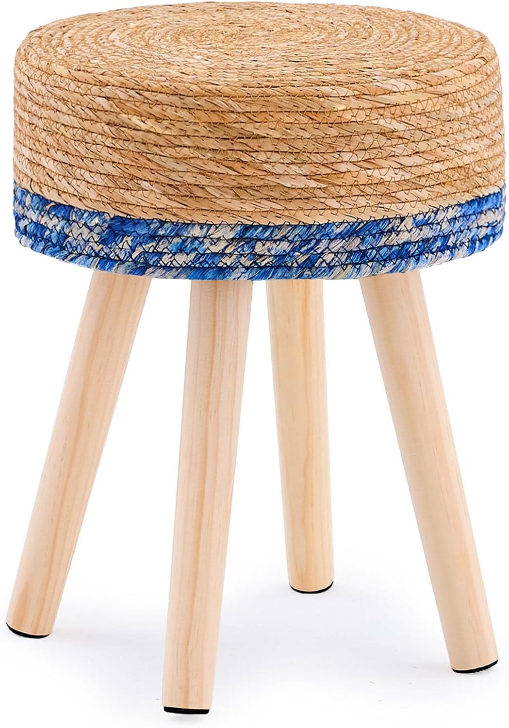 Handwoven Outdoor Footstool with Wood Legs