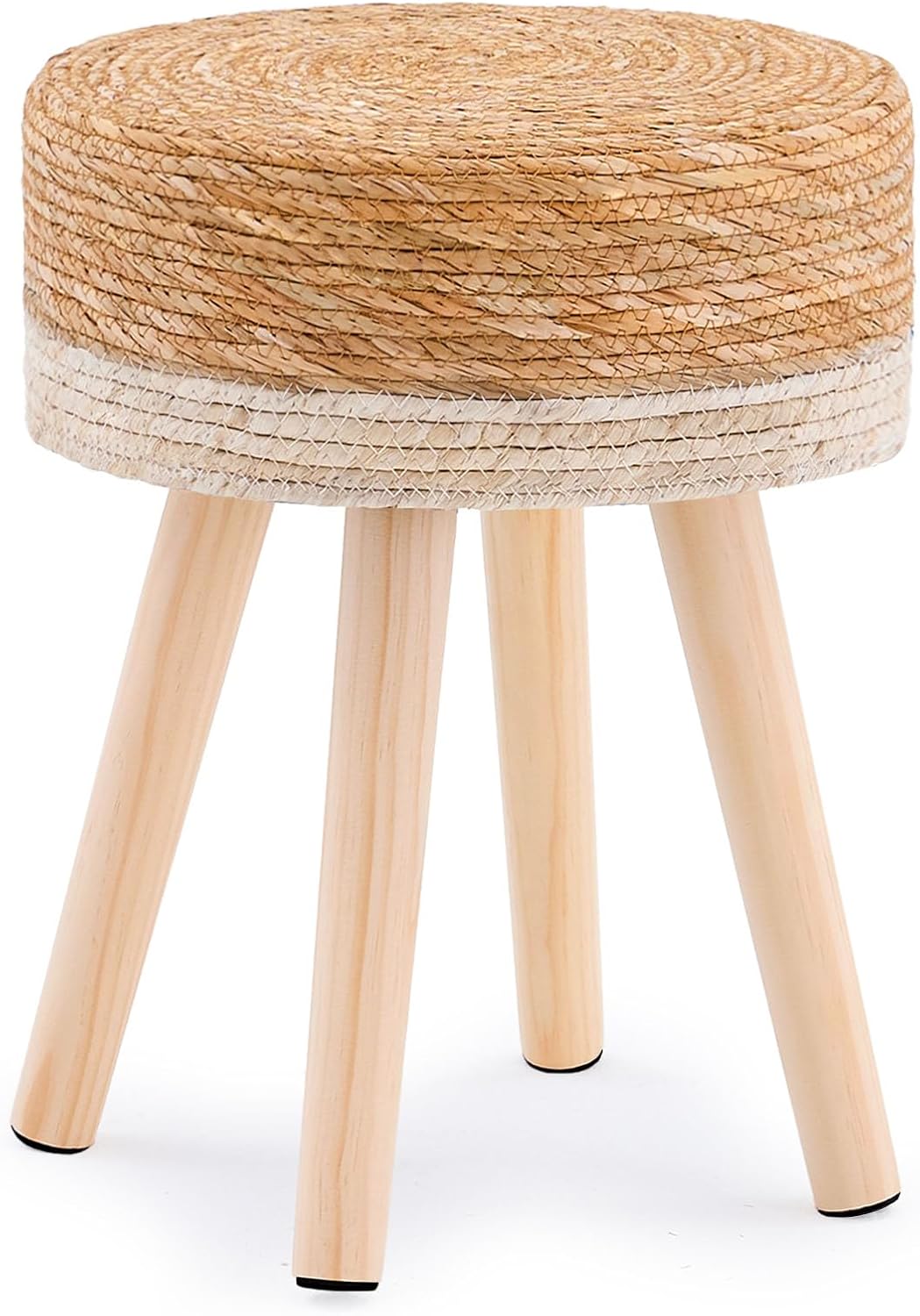 Handwoven Outdoor Footstool with Wood Legs
