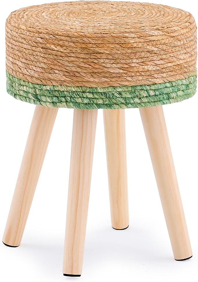 Handwoven Outdoor Footstool with Wood Legs