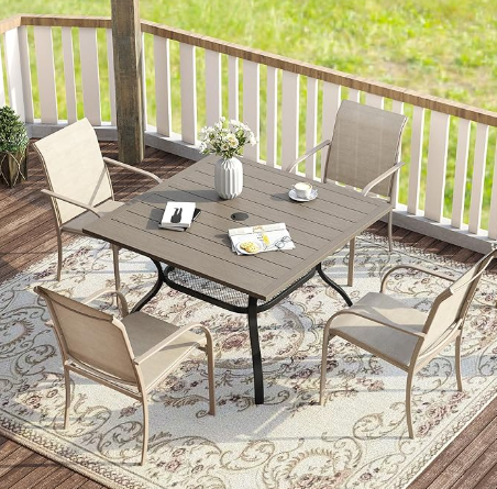 VICLLAX 5 Pieces Patio Dining Set, Outdoor Furniture Set Includes 37.8" Square Outdoor Table and 4 Stackable Patio Sling Chairs, Grey Wood-Like Tabletop and Sandshell Color Fabric