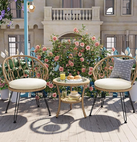 3 Piece Patio Bistro Set, 2 Rattan Single Chairs with A Glass Round Table, Outdoor Leisure Set Perfectly Suited for Patios, Balconies, and Courtyards, Beige+Natural