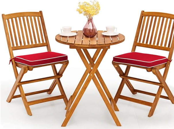 Giantex 3Pcs Patio Bistro Set, Wood Folding Table Set, 2 Cushioned Chairs for Garden Yard, Outdoor Furniture Round Table, Natural & Red