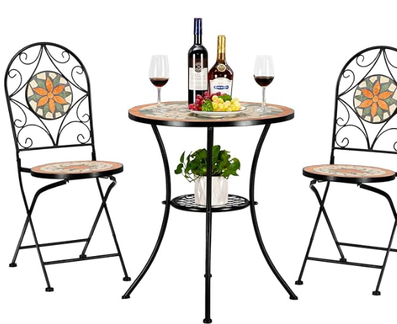 VINGLI 3 Pieces Garden Patio Mosaic Table, Outdoor Bistro Set with Folding Chairs,Black Iron Frame