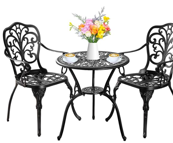 Bistro Set 3 Piece Outdoor, Bistro Table and Chairs Set of 2, All Weather Patio Bistro Set with Umbrella Hole, Patio Set for Garden, Black