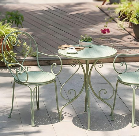 KWOKING French Country Dining Table Set with Iron Chairs Courtyard Balcony 3-piece Set Outdoor Leisure Cafe Milk Tea Shop Small Coffee Table & Chair Combination Green Table Only 23.5"L x 23.5"W x 30"H