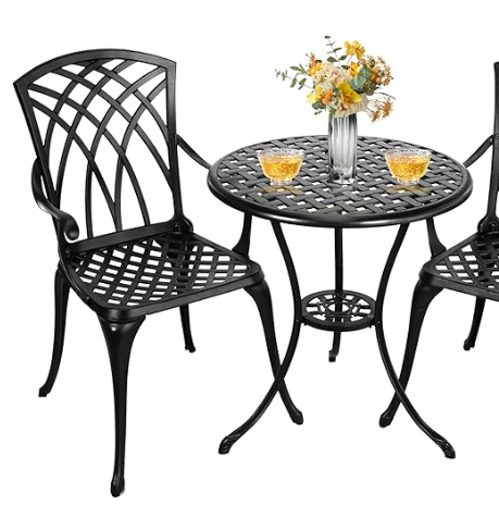 Bistro Patio Set 3 Piece,Cast Aluminum Bistro Table and Chairs Set of 2 with Umbrella Hole,All Weather Bistro Table Set for Yard Garden,Outdoor/Indoor Use,Black