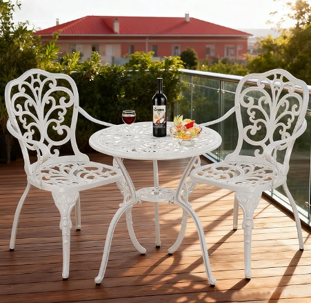 3 Piece Outdoor Bistro Table Set, Cast Aluminum Patio Bistro Sets with Umbrella Hole, All Weather Bistro Table and Chairs Set of 2 for Garden Porch (Butterfly Arm, White)