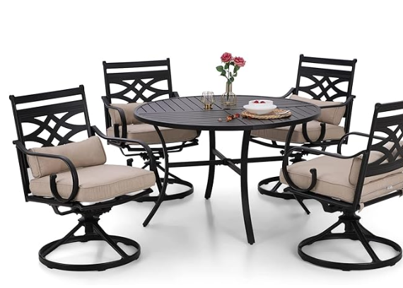 Sophia and William Swivel Patio Dining Set for 4, Outdoor Table and Chairs, Removable Seat Cushions, Black 42" Round Patio Dining Table