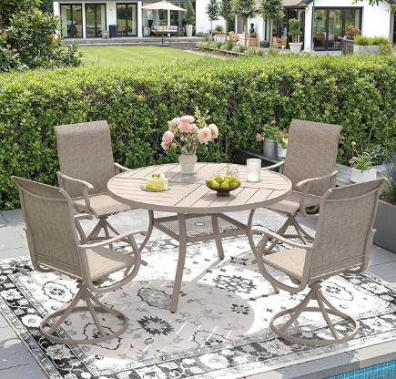 DIFY 5 Pieces Outdoor Patio Dining Set, 4 Sandshell Textilene Swivel Dining Chairs and 40.6" Sandshell Round Metal Dining Table, Outdoor Table and Chairs