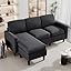 Convertible L-Shaped Sectional Sofa, 3-Seat Soft Fabric Couch with Deep Seat and Side Pockets, Reversible Storage Ottoman for Apartments, Living Room, Grey Linen