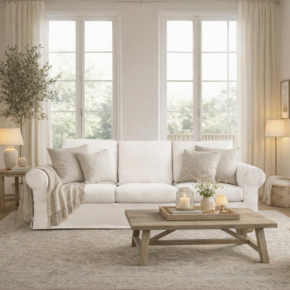 89" 3 Seater Sofa for Living Room, Deep Seated Comfy Couch with High Back Support, Removable Washable Linen Slipcover, Modern Farmhouse Style Rolled-Arm Beige Sofa