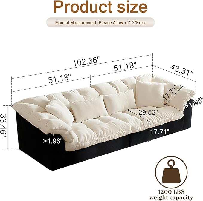 Modern Linen Sofa, 3-Seater Breathable Fabric for Living Room, Lounge or Office Modern Modular Floor Sofa, Black and Cream, Plush Cushioned Sectional