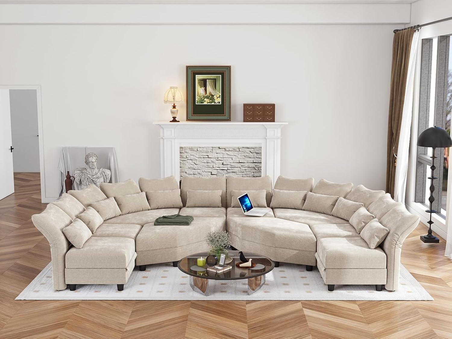 Shaped Modular Sectional Sofa with Storage & 6-Side Deep Seat, 5 Piece Corner Sectional Couches for Living Room with Adjustable Armrest Backrest, Khaki Chenille