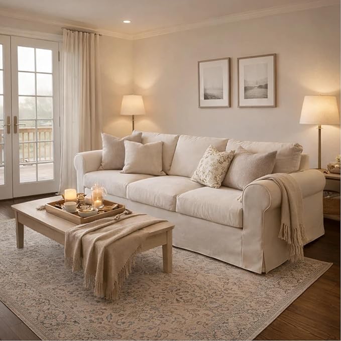 89" 3 Seater Sofa for Living Room, Deep Seated Comfy Couch with High Back Support, Removable Washable Linen Slipcover, Modern Farmhouse Style Rolled-Arm Beige Sofa