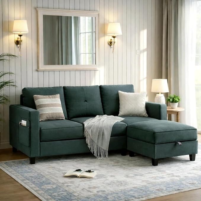 Convertible L-Shaped Sectional Sofa, 3-Seat Soft Fabric Couch with Deep Seat and Side Pockets, Reversible Storage Ottoman for Apartments, Living Room, Grey Linen