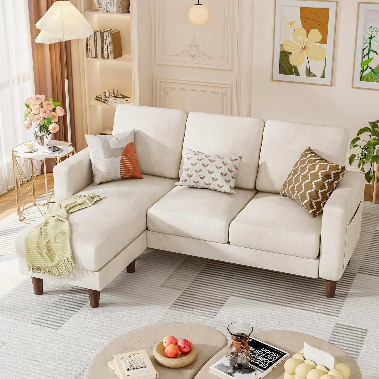 Convertible Couches for Living Room, Comfy 3 Seat L Shaped Couch with Removable Ottoman, Small Sectional Sofa with Side Storage Pocket for Apartment and Office (Linen Fabric, Brown)