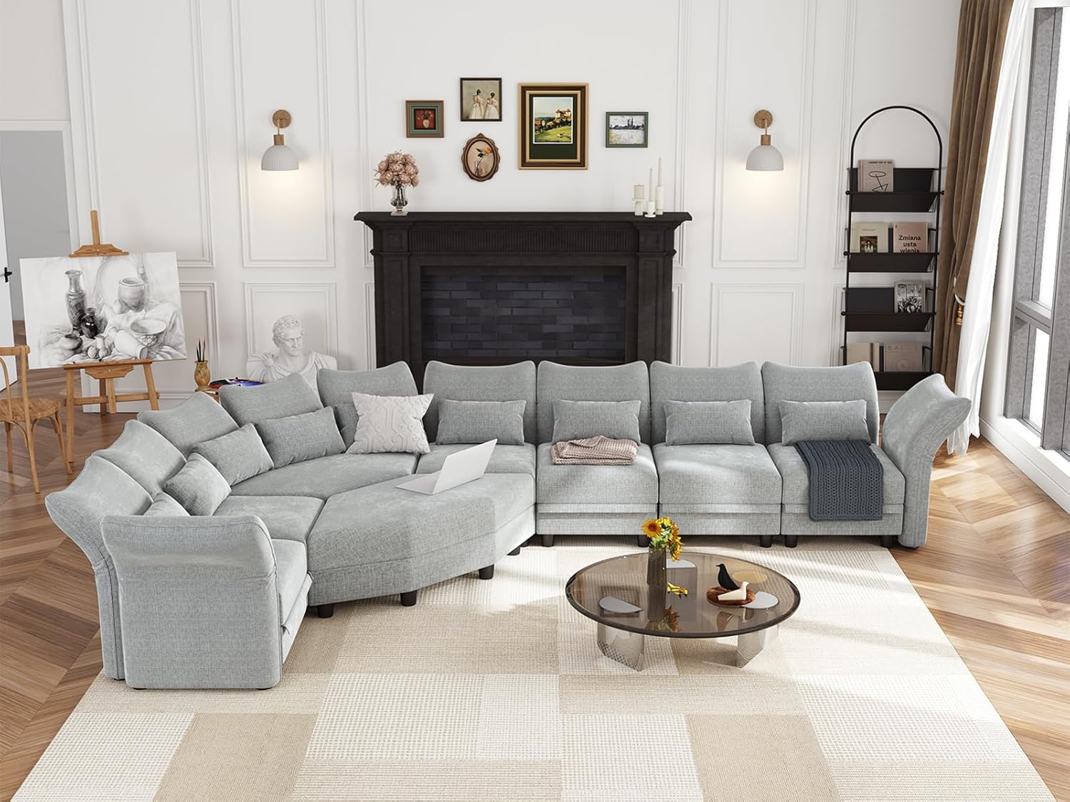 Shaped Modular Sectional Sofa with Storage & 6-Side Deep Seat, 5 Piece Corner Sectional Couches for Living Room with Adjustable Armrest Backrest, Khaki Chenille