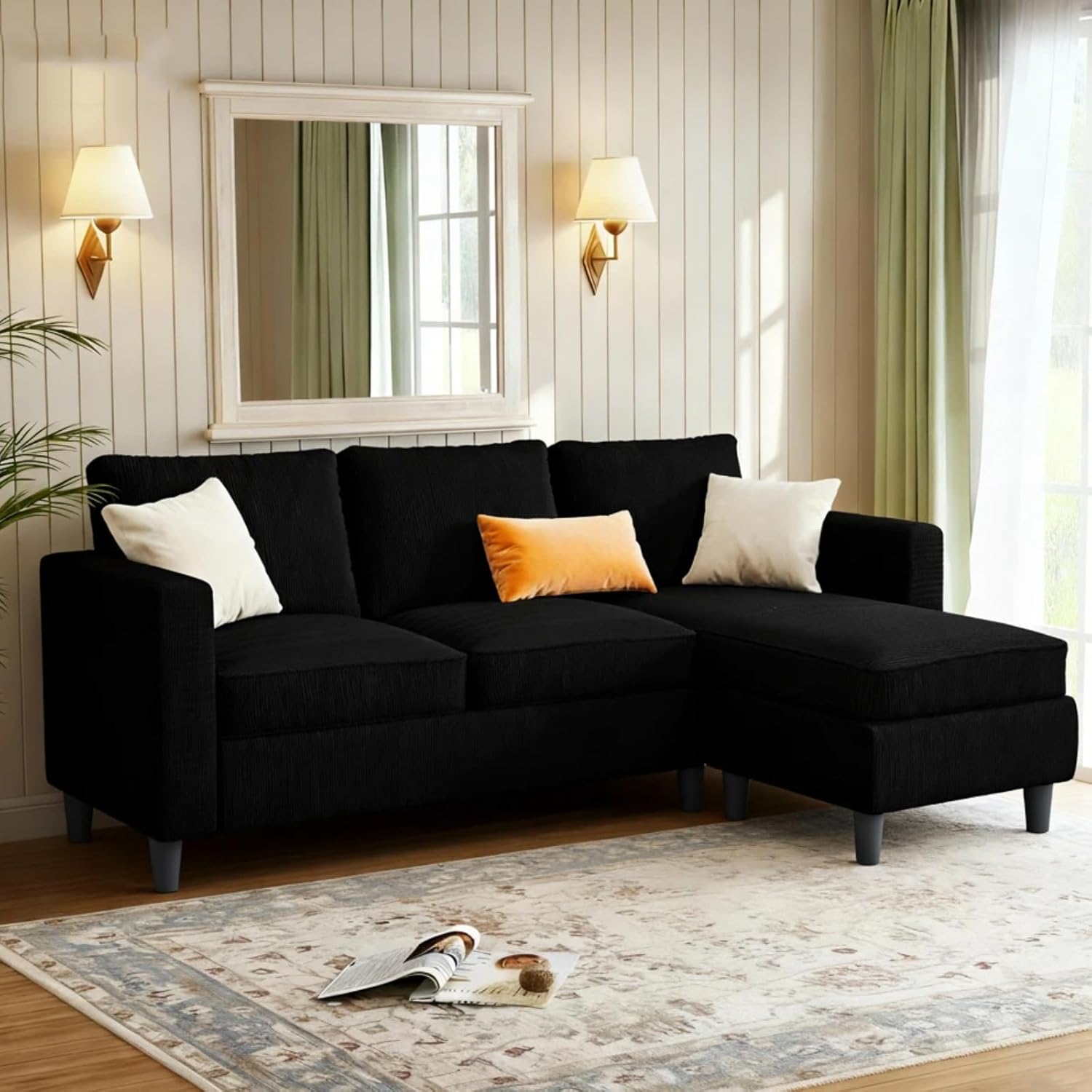 Convertible L-Shaped Sectional Sofa, 3-Seat Soft Fabric Couch with Deep Seat and Side Pockets, Reversible Storage Ottoman for Apartments, Living Room, Grey Linen