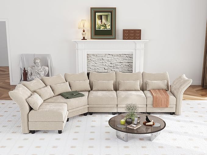 Shaped Modular Sectional Sofa with Storage & 6-Side Deep Seat, 5 Piece Corner Sectional Couches for Living Room with Adjustable Armrest Backrest, Khaki Chenille