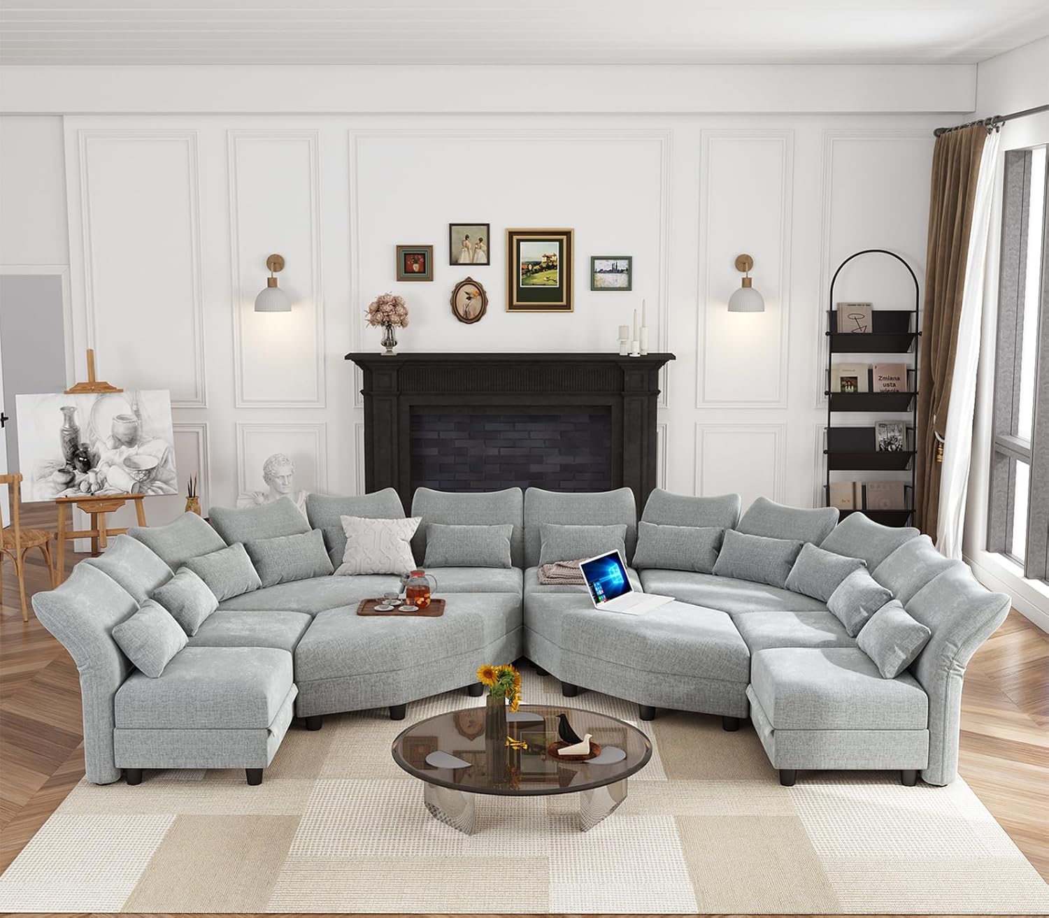 Shaped Modular Sectional Sofa with Storage & 6-Side Deep Seat, 5 Piece Corner Sectional Couches for Living Room with Adjustable Armrest Backrest, Khaki Chenille