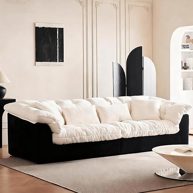 Modern Linen Sofa, 3-Seater Breathable Fabric for Living Room, Lounge or Office Modern Modular Floor Sofa, Black and Cream, Plush Cushioned Sectional