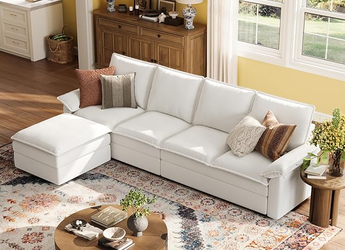 HOME Modular Cloud Couch, 113" L Shaped Sectional Sofa with Double Layer Cushions and Ottoman, Chenille 4 Seater Sofa Set for Living Room, Apartment, Beige