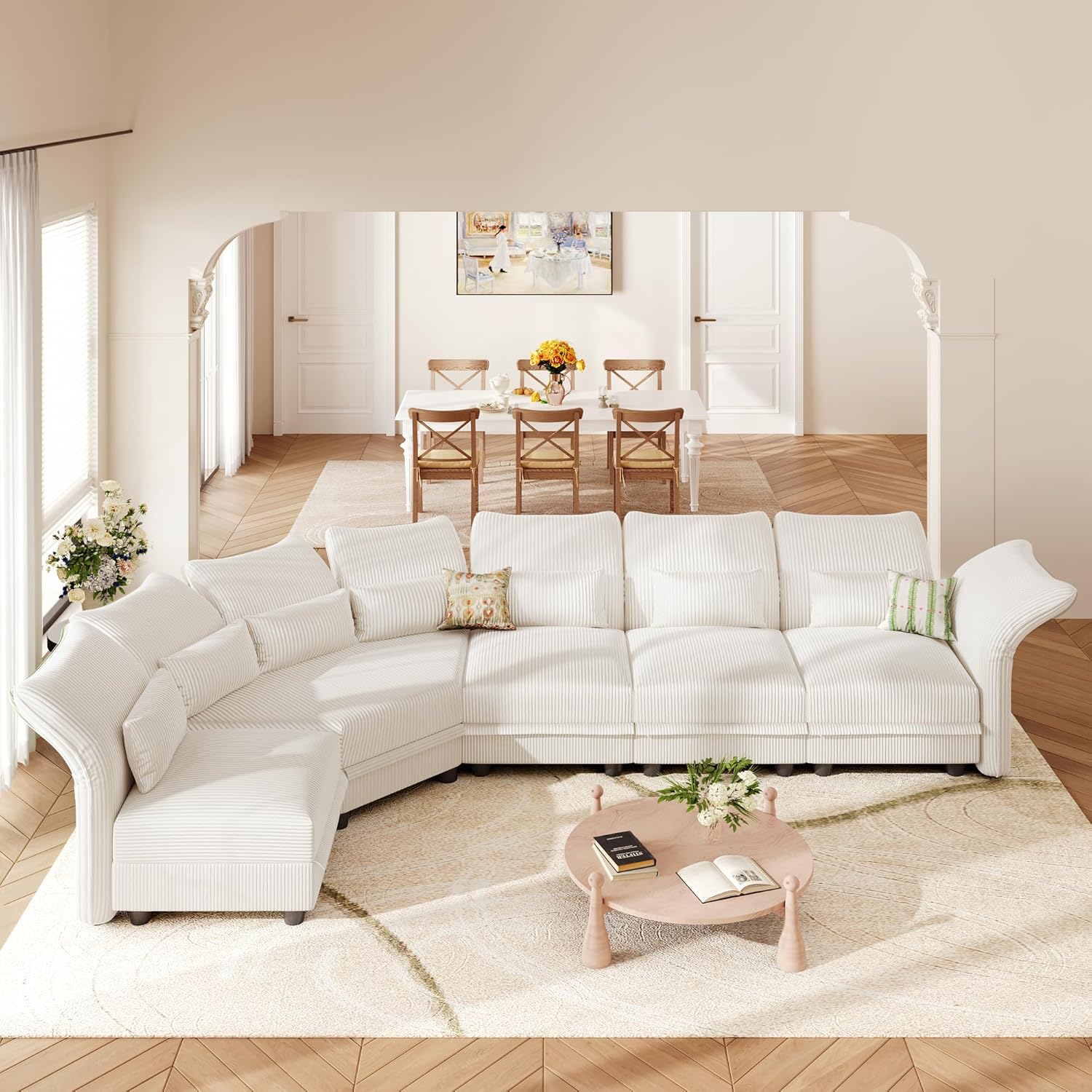 Shaped Modular Sectional Sofa with Storage & 6-Side Deep Seat, 5 Piece Corner Sectional Couches for Living Room with Adjustable Armrest Backrest, Khaki Chenille